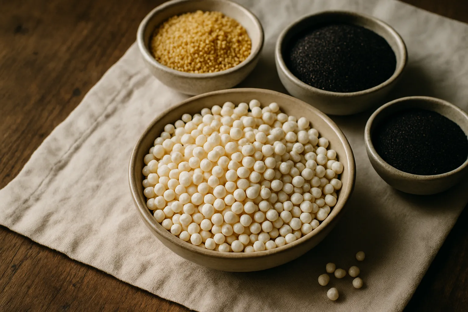 Ancient grain snacks including popped sorghum displayed on a wooden table