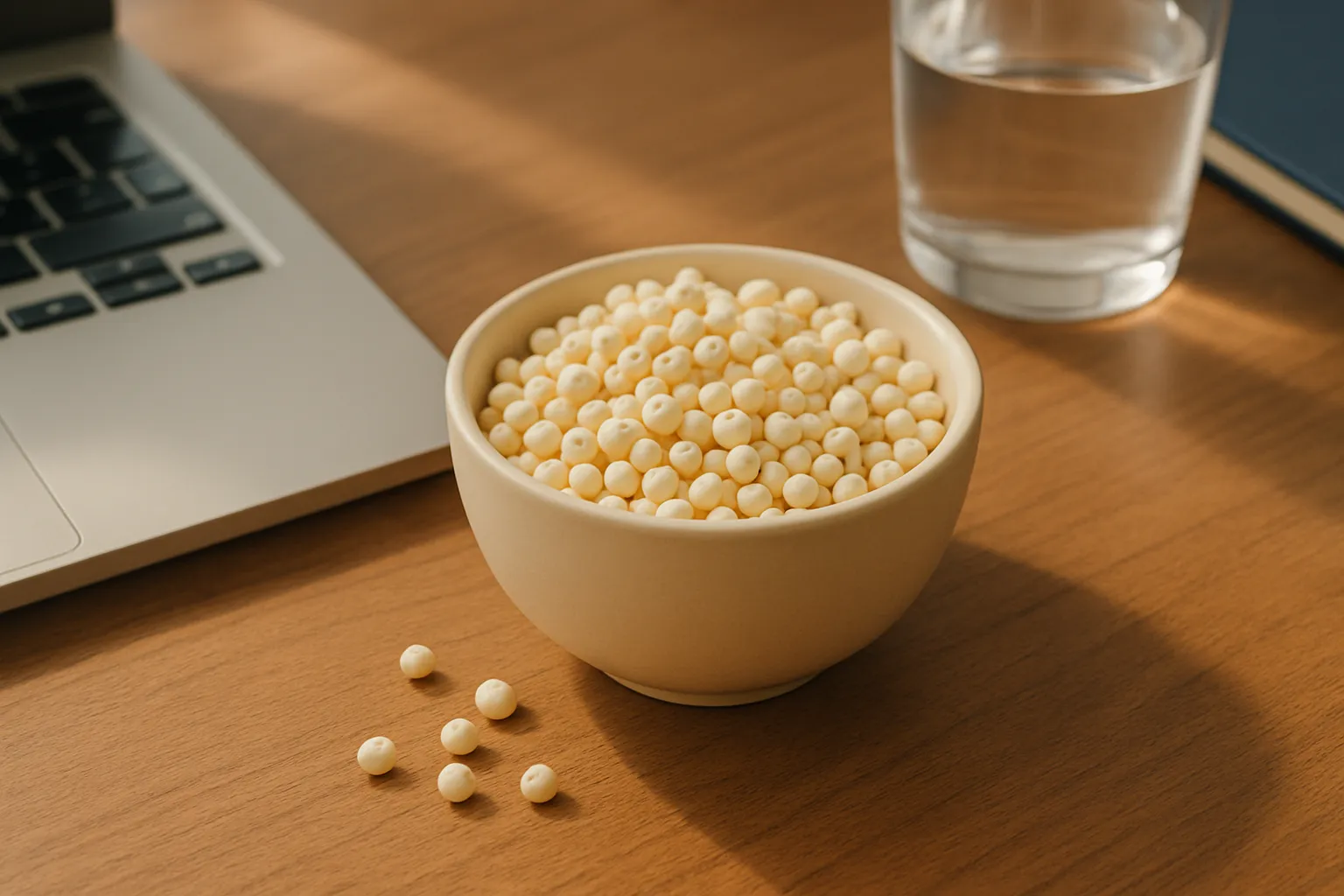 Healthy office snacks arranged on a desk including popped sorghum and fresh fruit