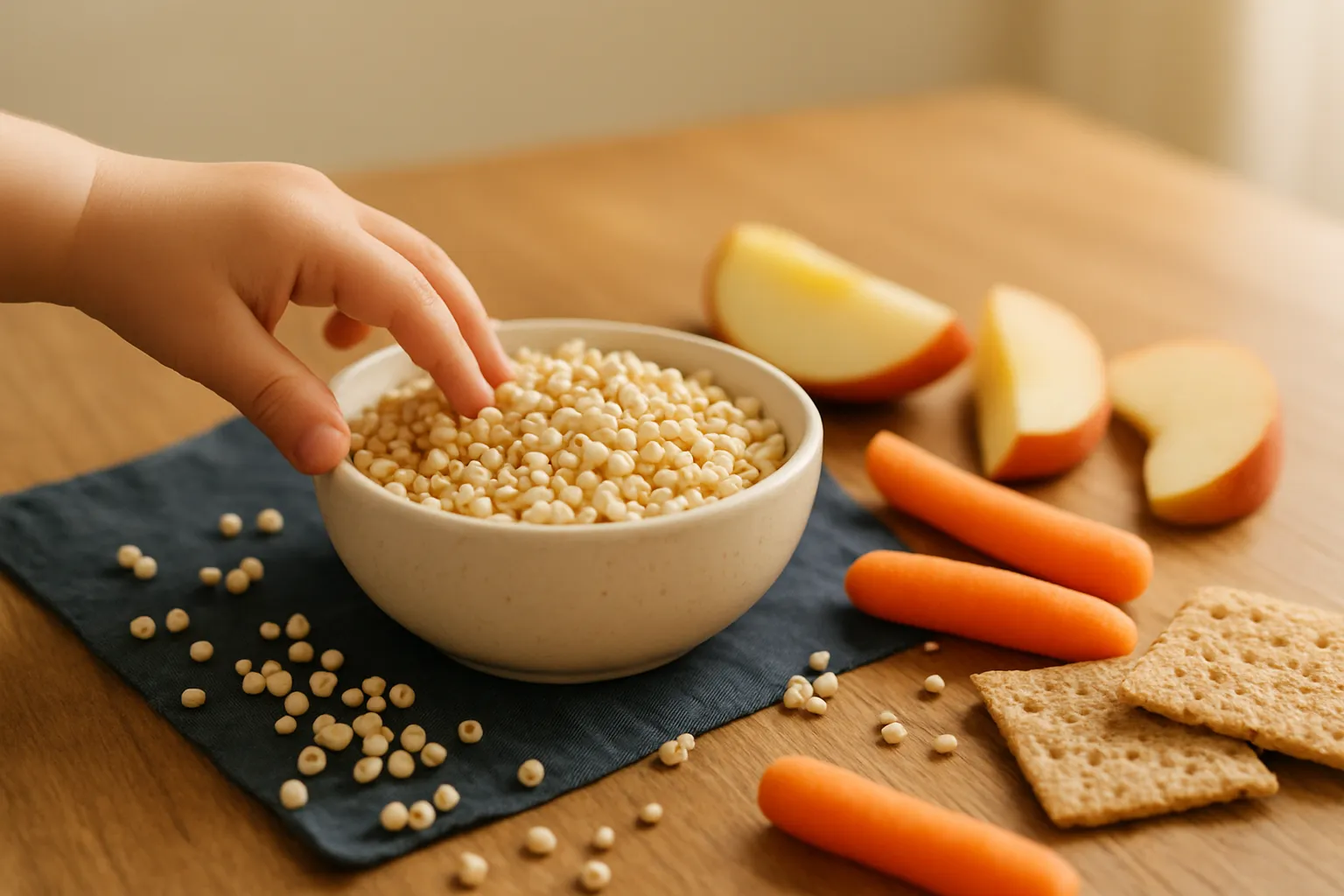 Healthy snacks for kids including popped sorghum, fresh fruit, and whole grain options