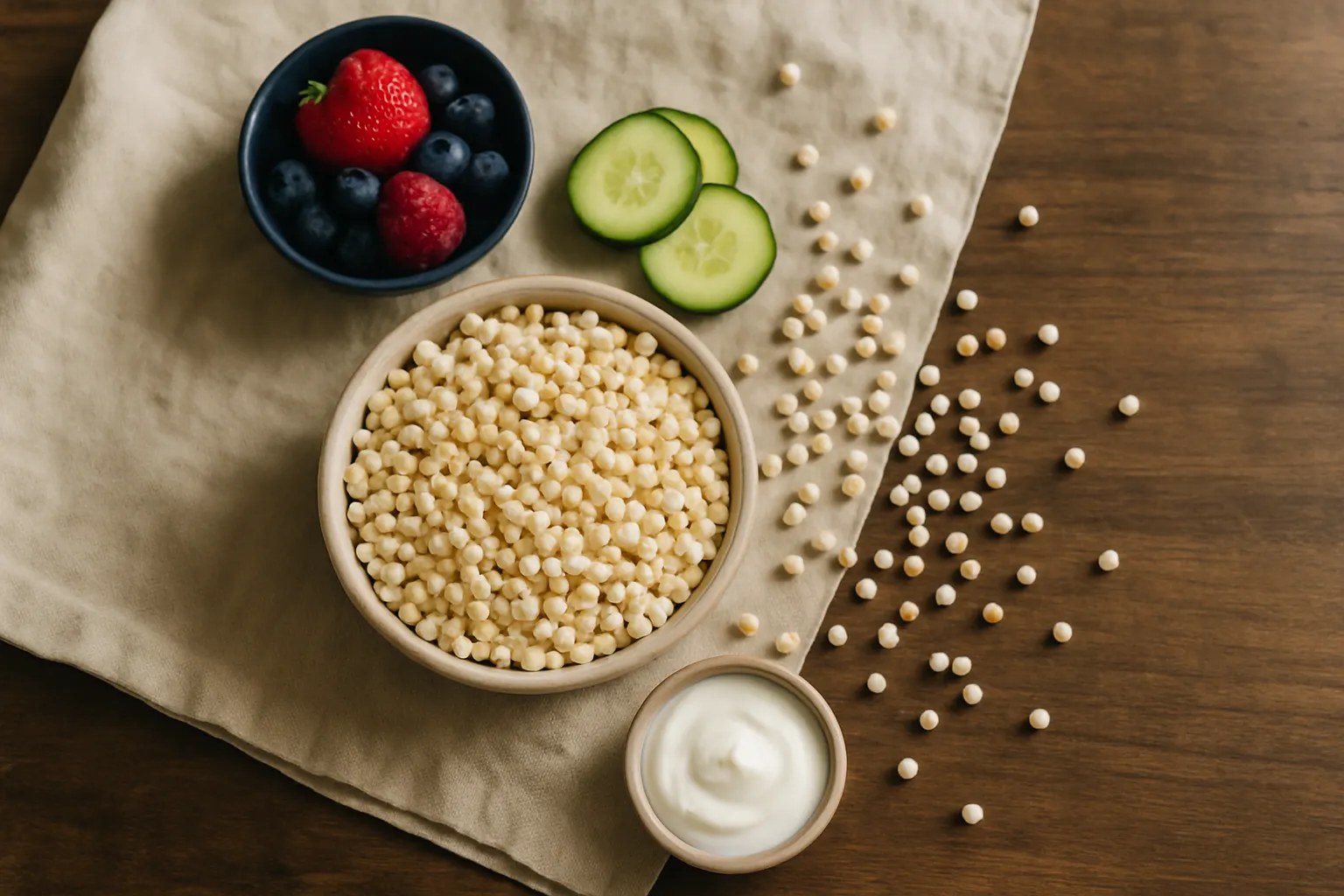 Bowl of low calorie snacks including popped sorghum and fresh vegetables