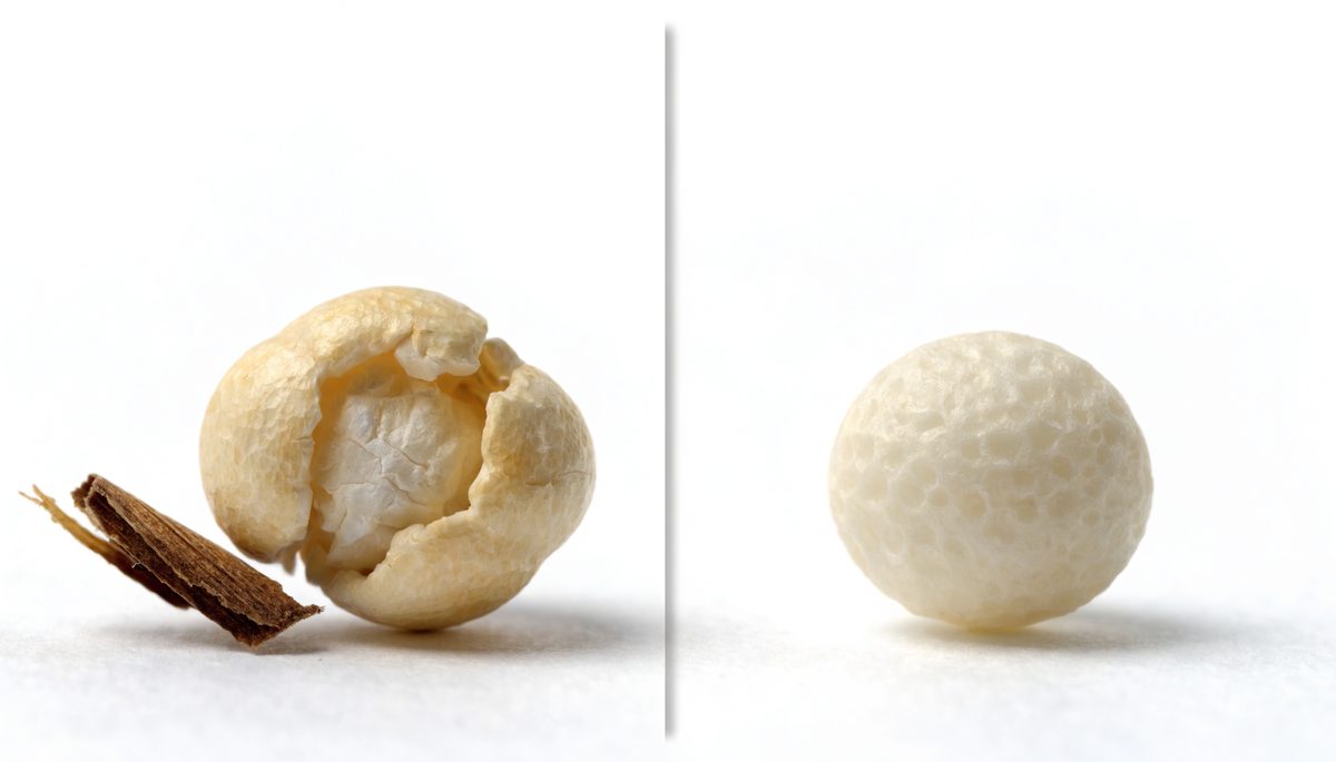 Side-by-side comparison: popcorn with sharp hull fragment on left, smooth round popped sorghum on right